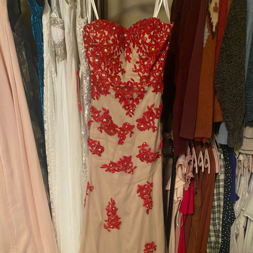Red and nude corset back prom dress